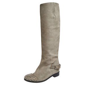 Christian Louboutin Egoutina Knee High Boots Sz 37 Taupe Suede Spiked Toe